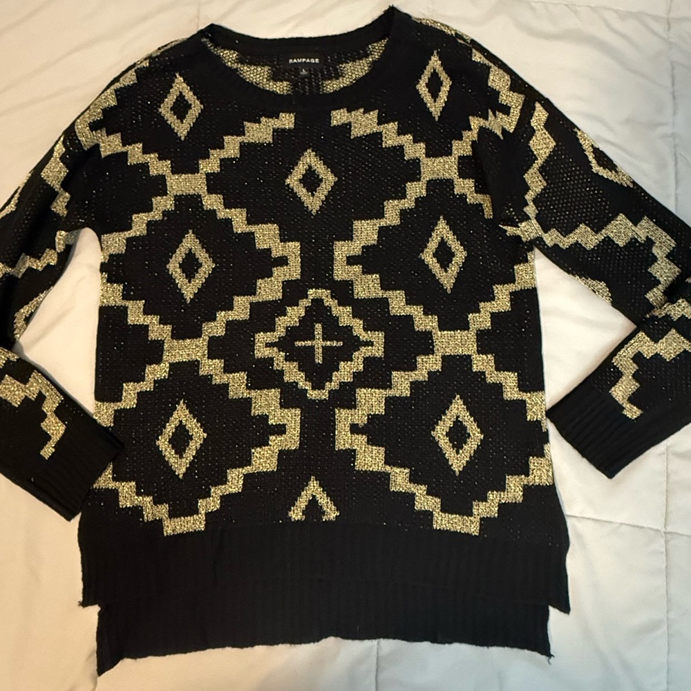 Rampage Black Sweater with Gold Geometric Design